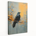 Stretched canvas wall art showcasing a detailed design of a crow and raven, featuring rich black and gray tones, ideal for modern home decor.