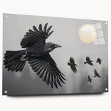Acrylic glass wall art design featuring a striking crow and raven motif, displayed in a modern side view with metallic pins for easy hanging. The artwork combines vivid colors and intricate details, perfect for enhancing contemporary interior decor.