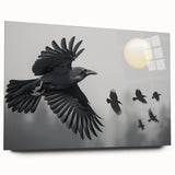 Acrylic glass wall art featuring a striking design of a crow and raven, showcasing intricate details and vibrant colors from a side view, perfect for modern decor.