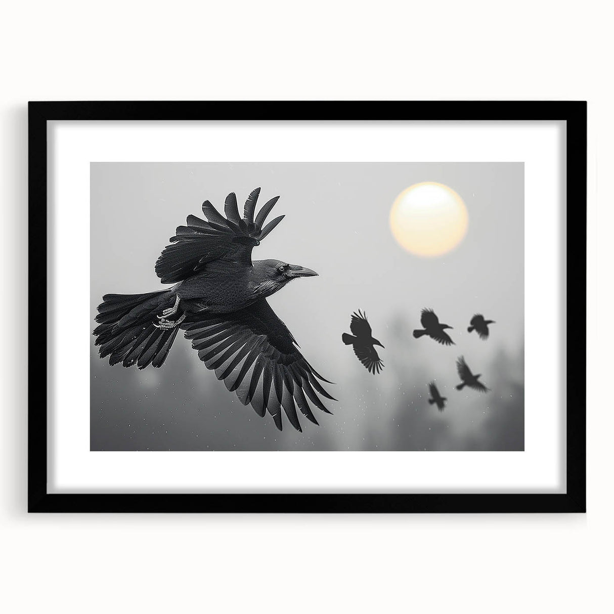 Black-framed wall art featuring a detailed crow and raven design, showcasing intricate illustrations on a white background, perfect for adding a touch of nature-inspired decor to any room.