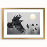 Framed wall art featuring a detailed design of a crow and raven, elegantly set in a gold frame with matting, ideal for enhancing modern home decor.