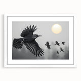 Framed wall art featuring a detailed design of a crow and raven, set in a white mat, highlighting intricate black and gray patterns, ideal for home decor.