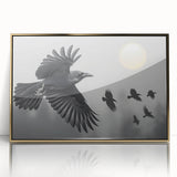 Framed wall art featuring a stunning design of a crow and raven in a gold-accented frame, showcasing intricate details and an eye-catching acrylic finish, ideal for enhancing modern decor.