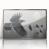 Framed acrylic wall art featuring a detailed design of a crow and raven, showcasing intricate black and silver elements, perfect for modern home decor.