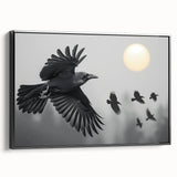 Framed canvas artwork showcasing a striking design of crows and ravens in black tones, displayed from a side view, perfect for enhancing home decor with a touch of nature.