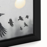 Close-up of a framed canvas wall art featuring a striking design of a crow and raven, showcasing intricate details and bold colors, perfect for bird lovers and modern decor.