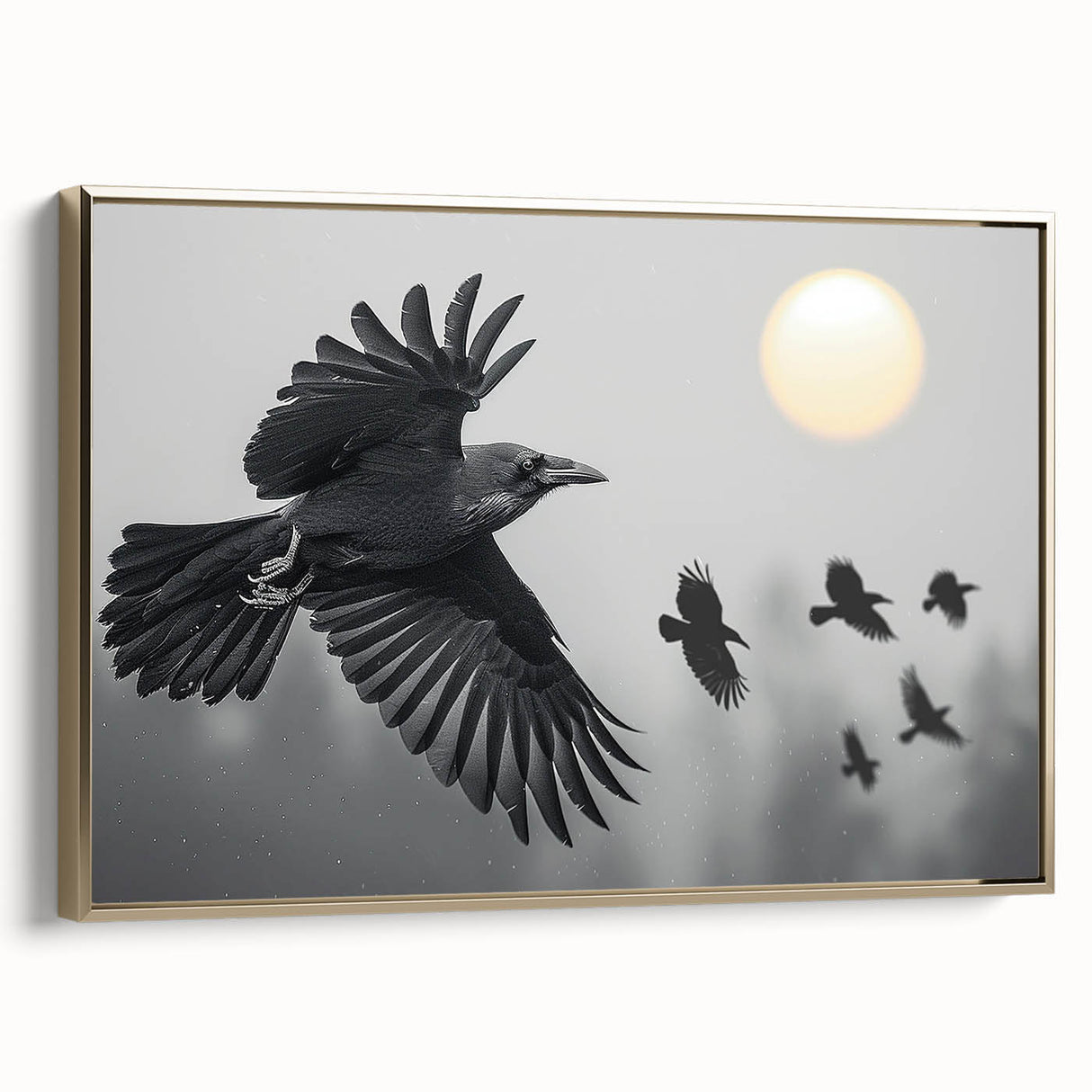 Framed wall art featuring an artistic design of a crow and raven, with vibrant gold accents and a sleek side view, perfect for modern home decor.