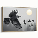 Framed wall art featuring an artistic design of a crow and raven, with vibrant gold accents and a sleek side view, perfect for modern home decor.