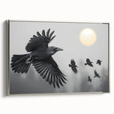 Framed canvas wall art featuring a detailed crow and raven design, elegantly displayed with a silver frame. Perfect for adding a touch of nature-inspired decor to any space.