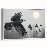 Framed canvas wall art showcasing a detailed design of a crow and raven in a minimalist style, featuring a white frame that enhances its elegant appearance. Ideal for modern home decor, this artwork adds a touch of nature-inspired elegance to any room.