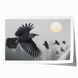 A rolled print showcasing an intricate design of a crow and raven, featuring detailed artwork in bold black and white, ideal for enhancing home decor or art collections.