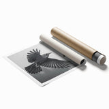 Rolled print showcasing intricate crow and raven design in bold black and white, ideal for bird lovers and art enthusiasts, elegantly packaged for display.