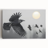 Stretched canvas artwork featuring a striking design of a crow and raven, showcasing bold black and gray colors, perfect for nature-inspired home decor.