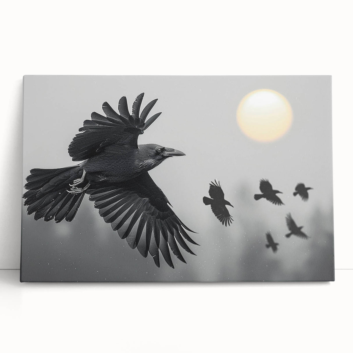 Stretched canvas wall art featuring a striking crow and raven design in shades of black and gray, perfect for modern home decor with a nature theme.