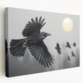 Stretched canvas artwork showcasing a detailed design of a crow and raven, featuring rich black and gray tones, ideal for bird lovers and home decor enthusiasts.
