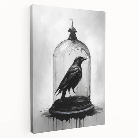 Stretched canvas wall art featuring a striking design of a crow and raven in a dark, moody color palette, ideal for enhancing contemporary home decor.