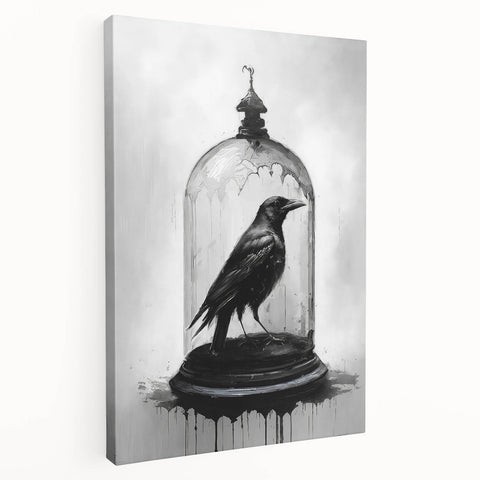 Stretched canvas wall art featuring a striking design of a crow and raven in a dark, moody color palette, ideal for enhancing contemporary home decor.