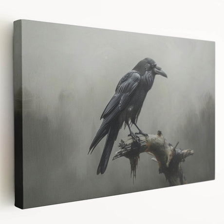 Stretched canvas wall art featuring a striking design of a crow and raven, showcasing intricate details in black and gray hues, perfect for nature-themed decor.
