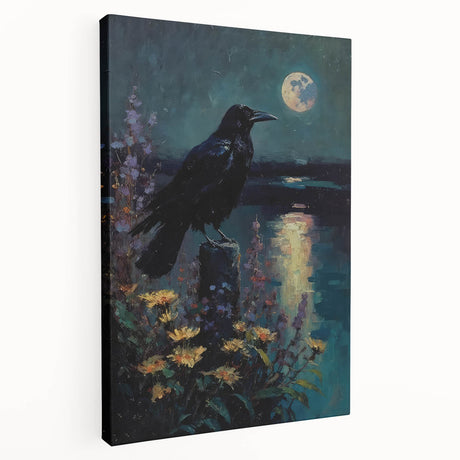 Stretched canvas wall art featuring a striking design of a crow and raven, showcasing intricate details and rich colors, perfect for enhancing modern home decor.