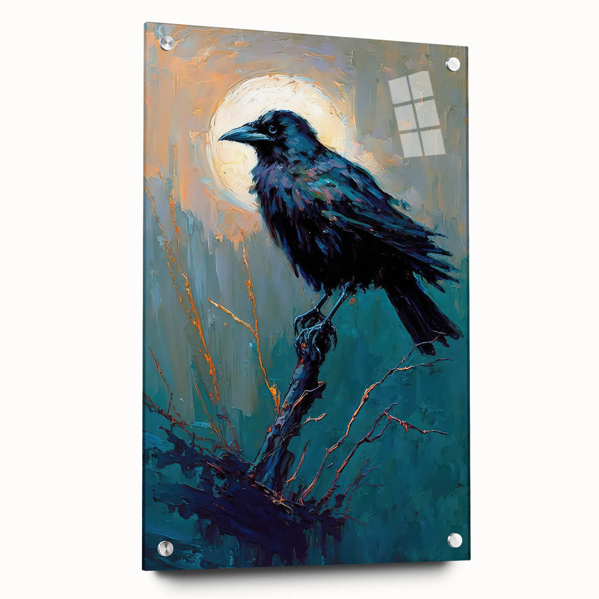 Artistic wall art collection featuring a side view of a crow and raven design printed on acrylic glass, elegantly displayed with pins. The piece showcases intricate details and vibrant colors, perfect for enhancing modern interiors.