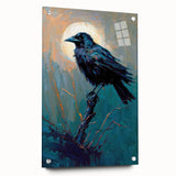 Artistic wall art collection featuring a side view of a crow and raven design printed on acrylic glass, elegantly displayed with pins. The piece showcases intricate details and vibrant colors, perfect for enhancing modern interiors.