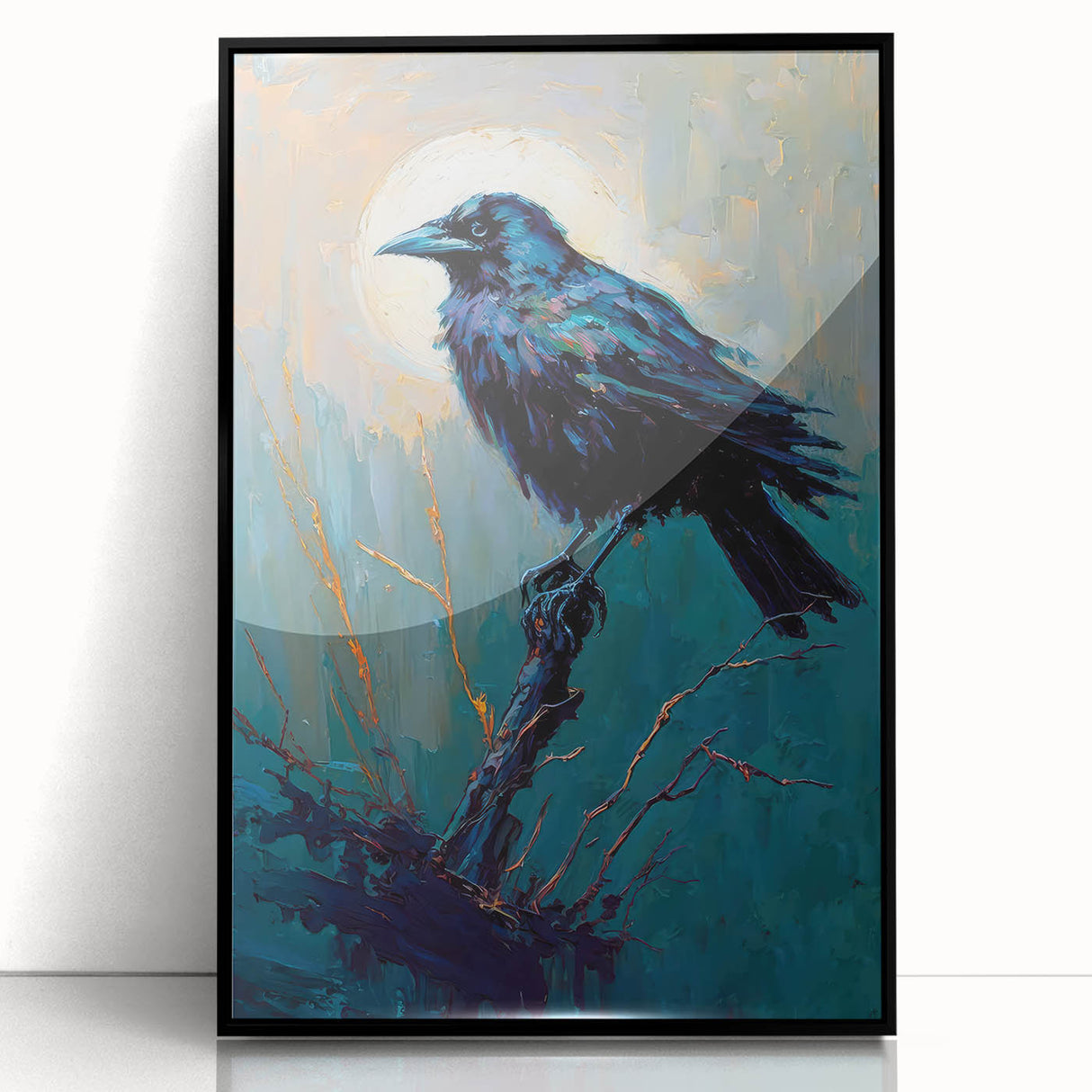 Framed wall art showcasing a detailed design of a crow and raven, featuring a sleek black frame and vibrant colors, perfect for modern decor in any room.