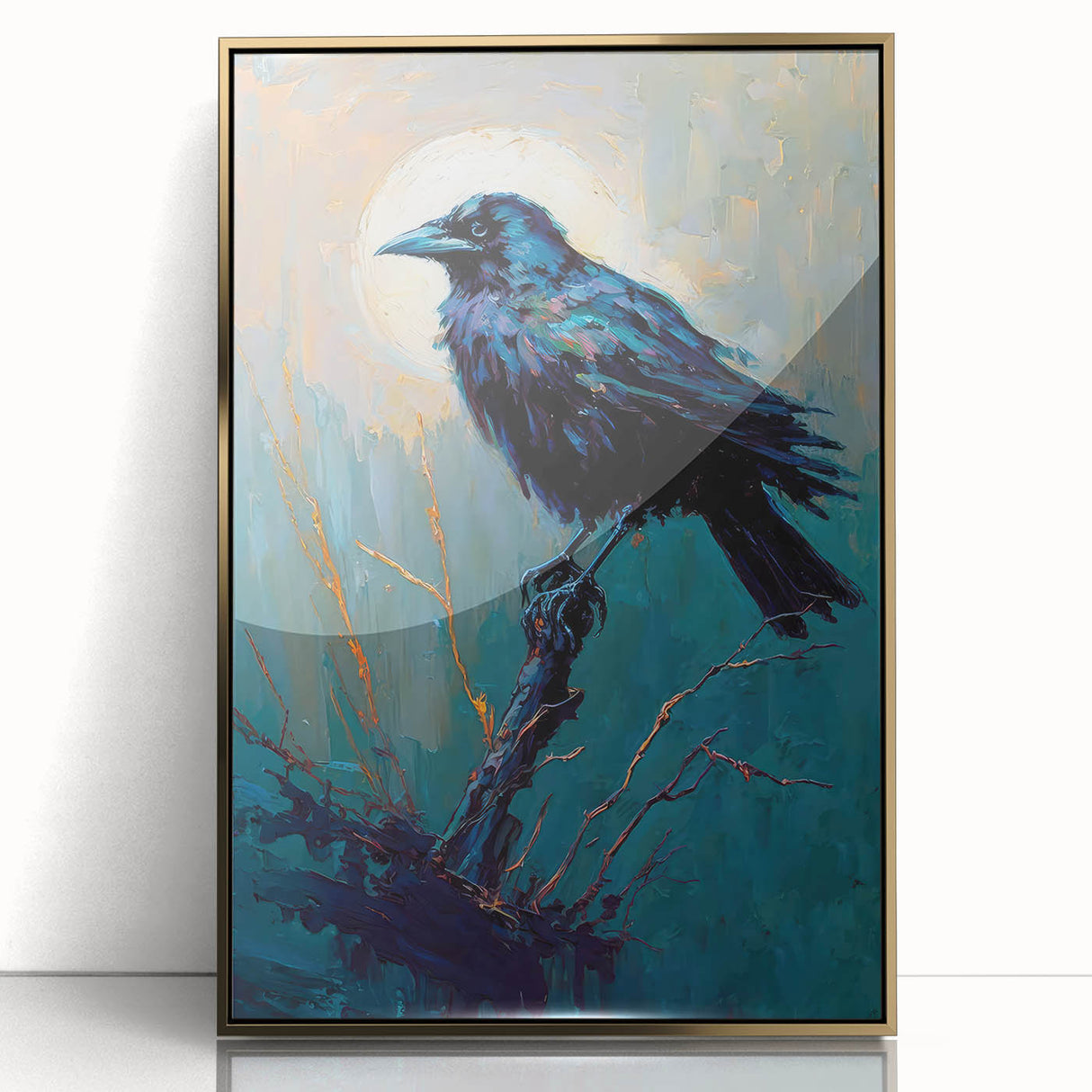 Framed wall art featuring a detailed design of a crow and raven on an acrylic surface, showcasing intricate patterns and a luxurious gold frame, perfect for nature enthusiasts.