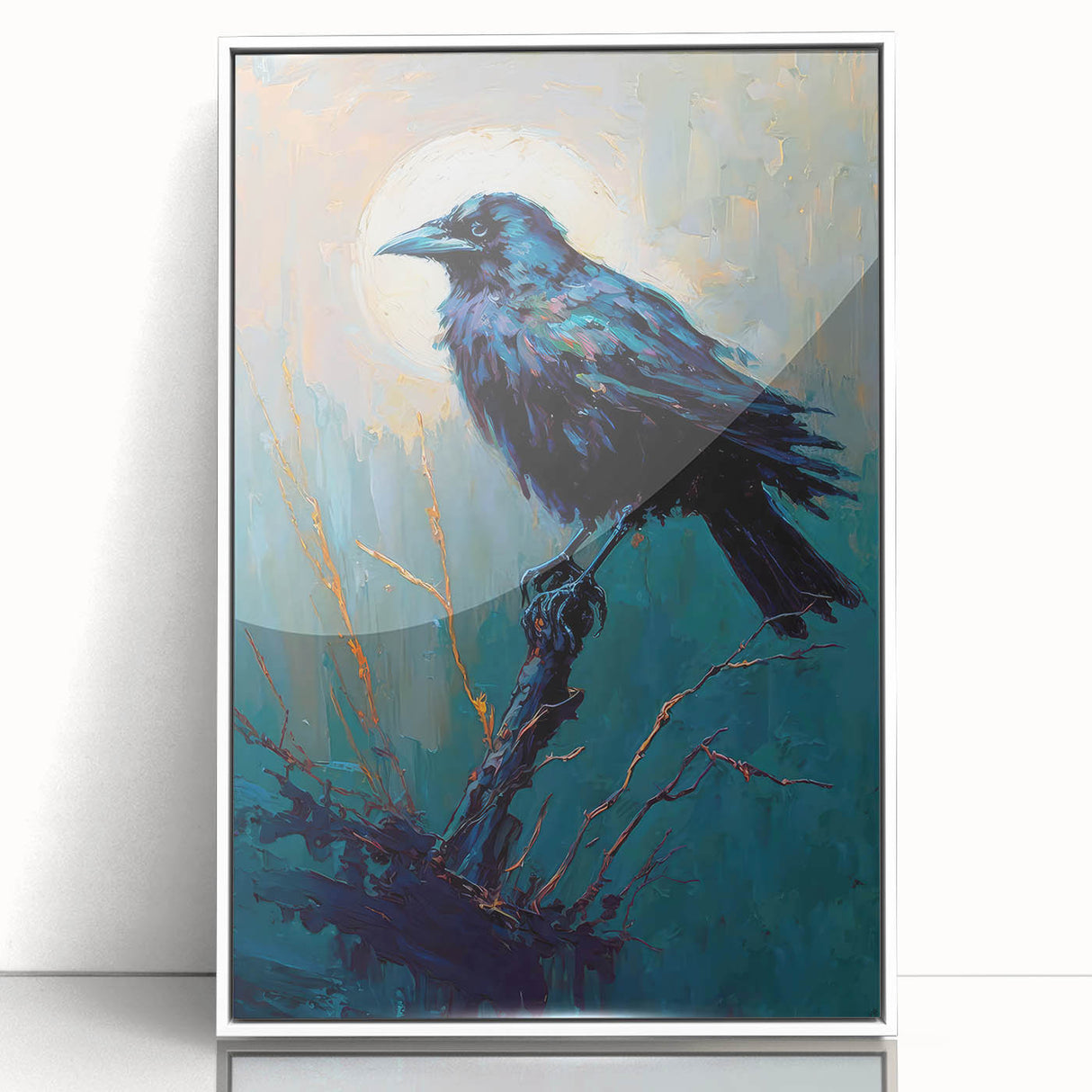 Framed wall art featuring a crow and raven design, showcasing intricate details with a white frame. Ideal for nature enthusiasts, this piece adds elegance to any decor.