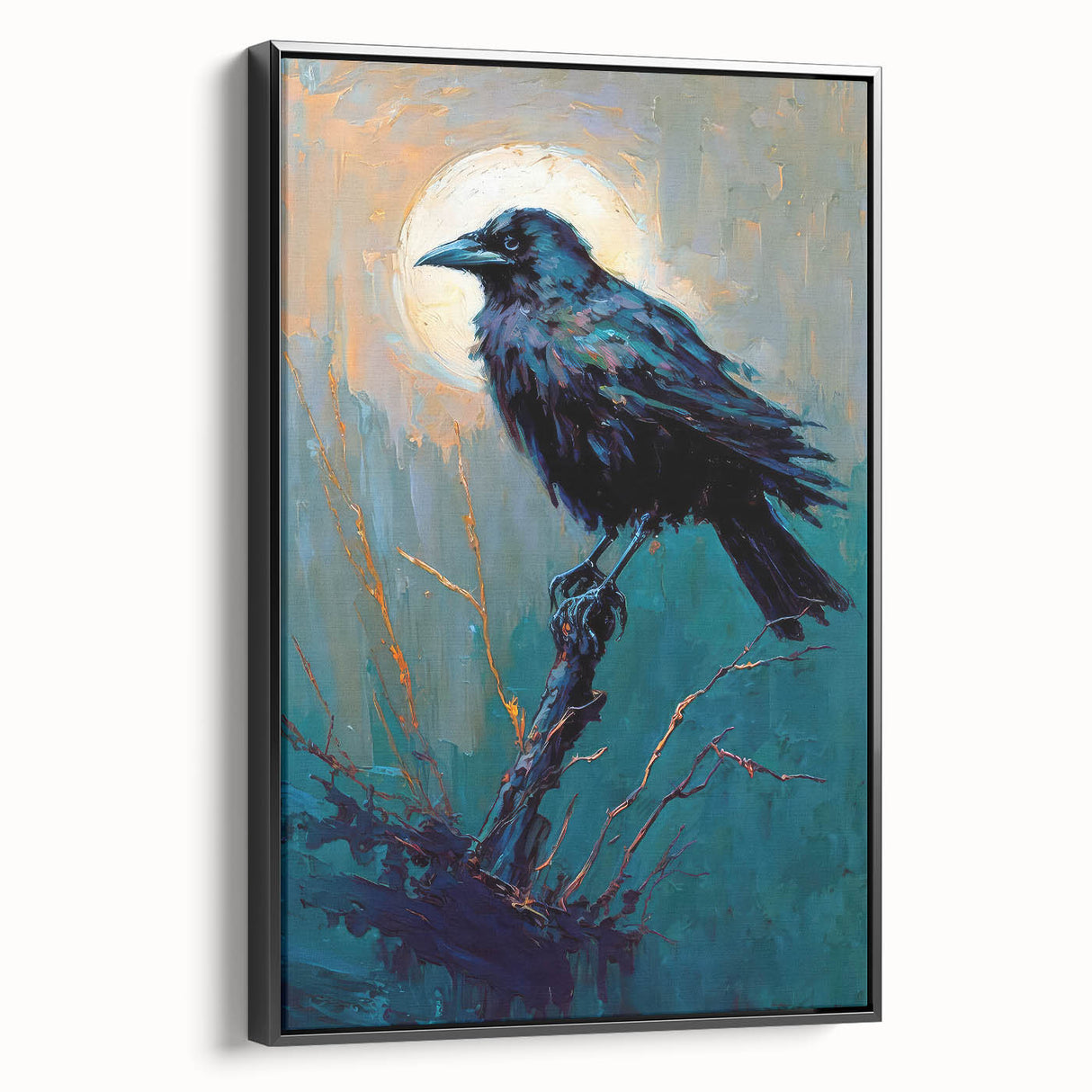 Framed canvas wall art featuring a striking design of a crow and raven, showcasing intricate details and a sleek black frame, ideal for home decor.
