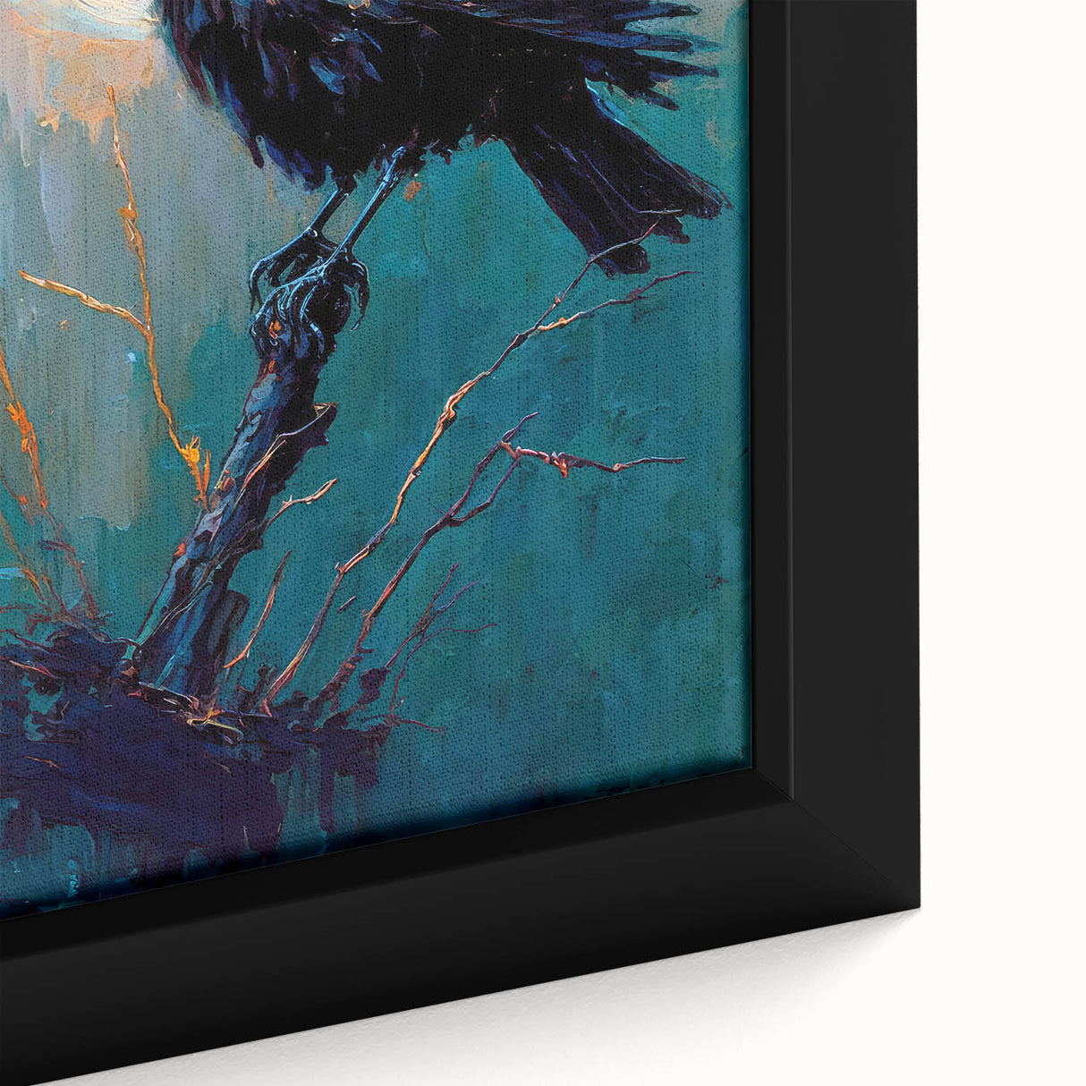 Framed canvas wall art featuring a detailed close-up design of a crow and raven, showcasing intricate textures and rich colors, perfect for bird-themed decor.