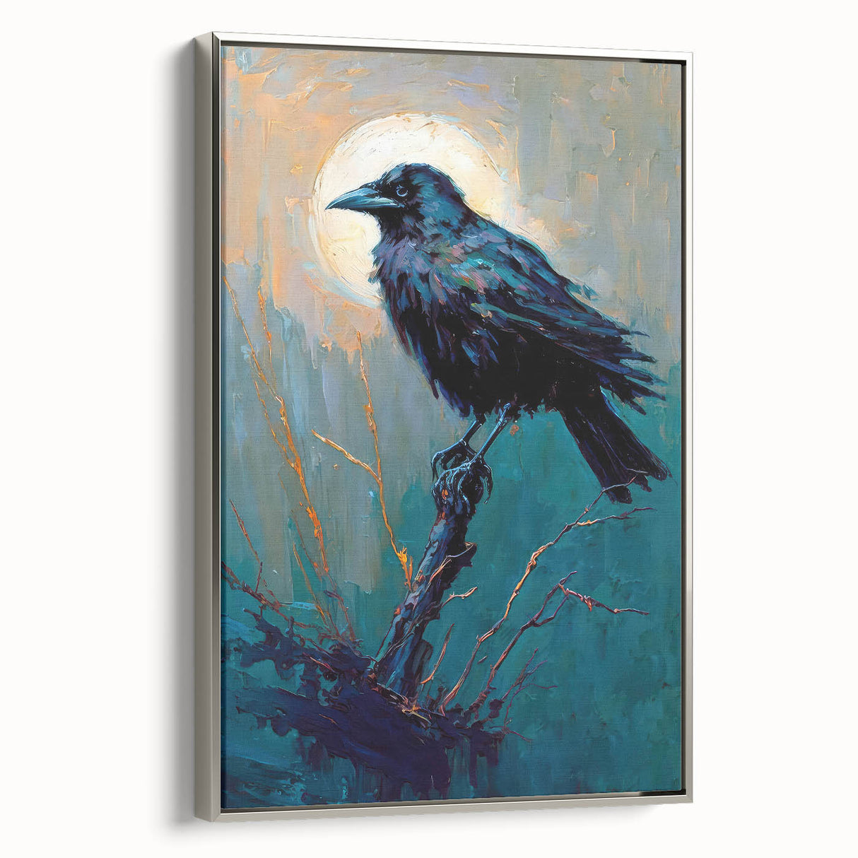 Framed wall art featuring a striking design of a crow and raven, showcasing intricate details and a silver frame, ideal for enhancing modern home décor.