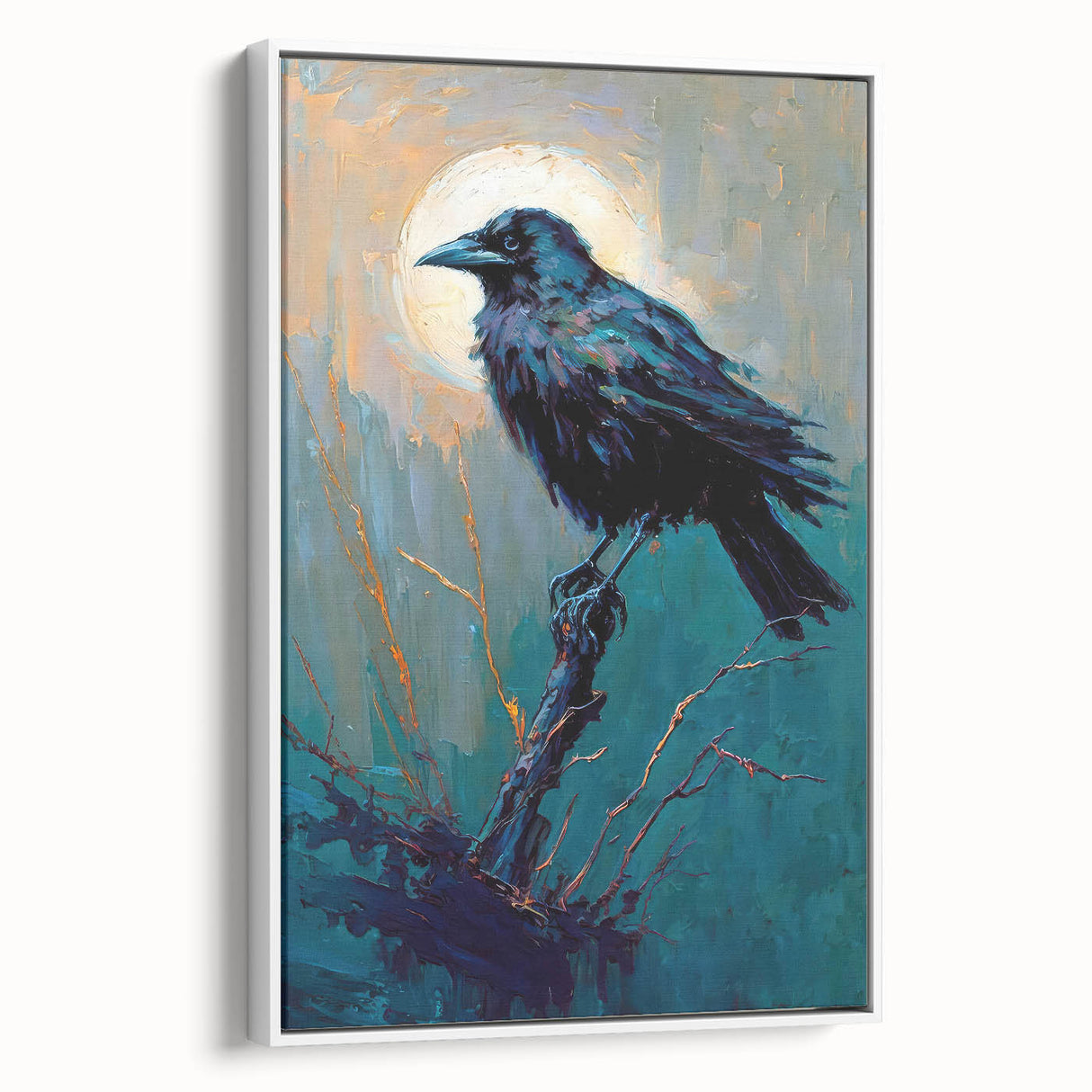 Framed wall art featuring a striking design of crows and ravens, showcasing intricate details and bold colors against a white background, perfect for home decor.