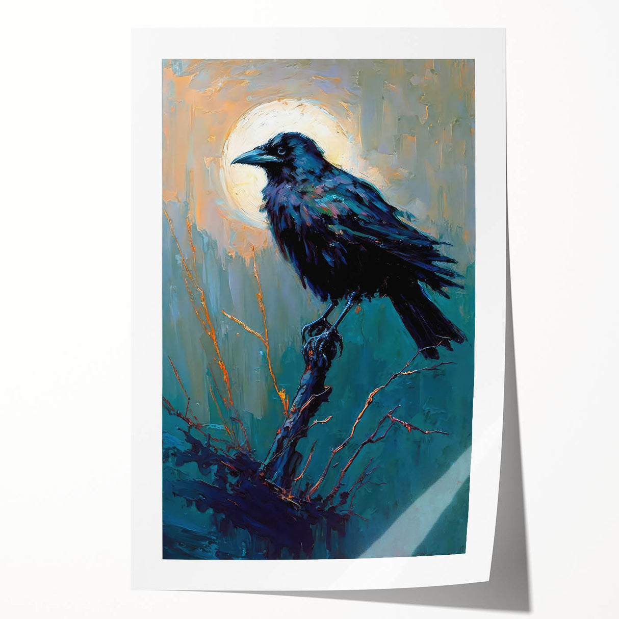 Artistic rolled print showcasing a detailed design of a crow and raven, featuring intricate black and white illustrations, ideal for home or office decor.