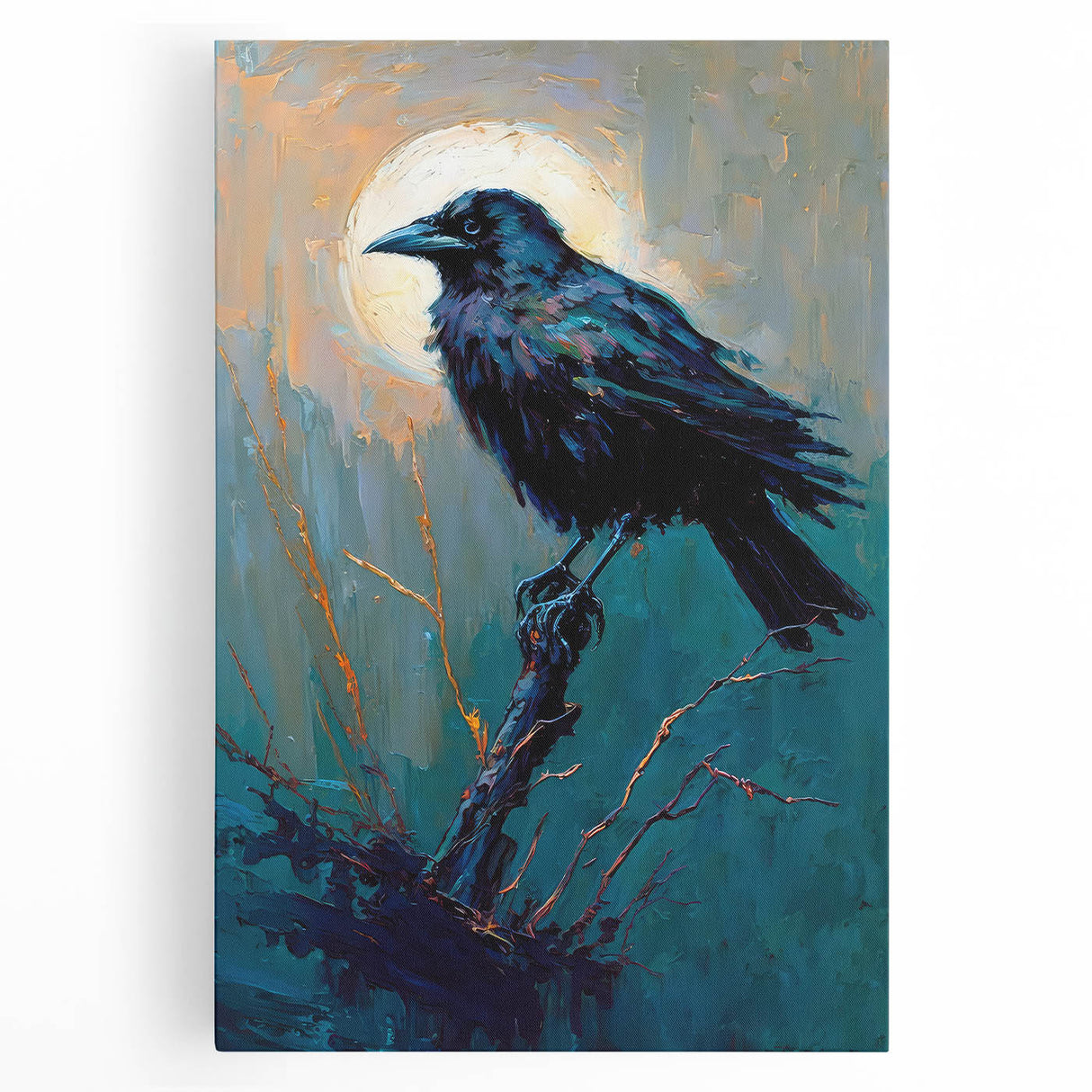 Stretched canvas wall art depicting a striking design of crows and ravens in a dark, moody aesthetic, perfect for enhancing modern home decor.