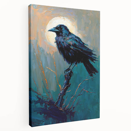 Side view of a stretched canvas wall art piece showcasing a crow and raven design, featuring intricate details and vibrant colors, ideal for bird lovers and home decor.