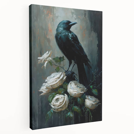 Stretched canvas wall art featuring a detailed design of a crow and raven, showcasing rich black and gray tones, perfect for nature-themed decor.