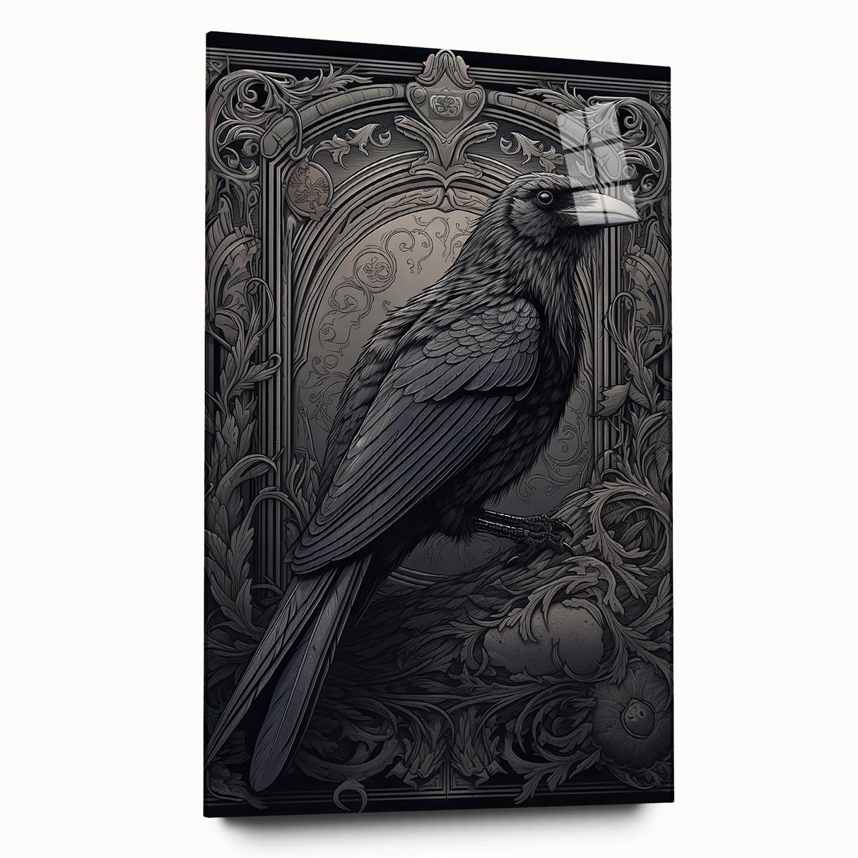 Acrylic wall art featuring a striking design of a crow and raven, displayed in a side view without pins, showcasing detailed black feathers and a modern aesthetic for home decor.