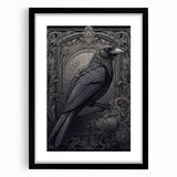 Black-framed wall art featuring a striking design of a crow and raven, elegantly matted for a polished look, perfect for enhancing modern decor.