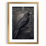 Framed wall art featuring a crow and raven design in intricate detail, set in an elegant gold frame with a mat, ideal for enhancing modern home decor.