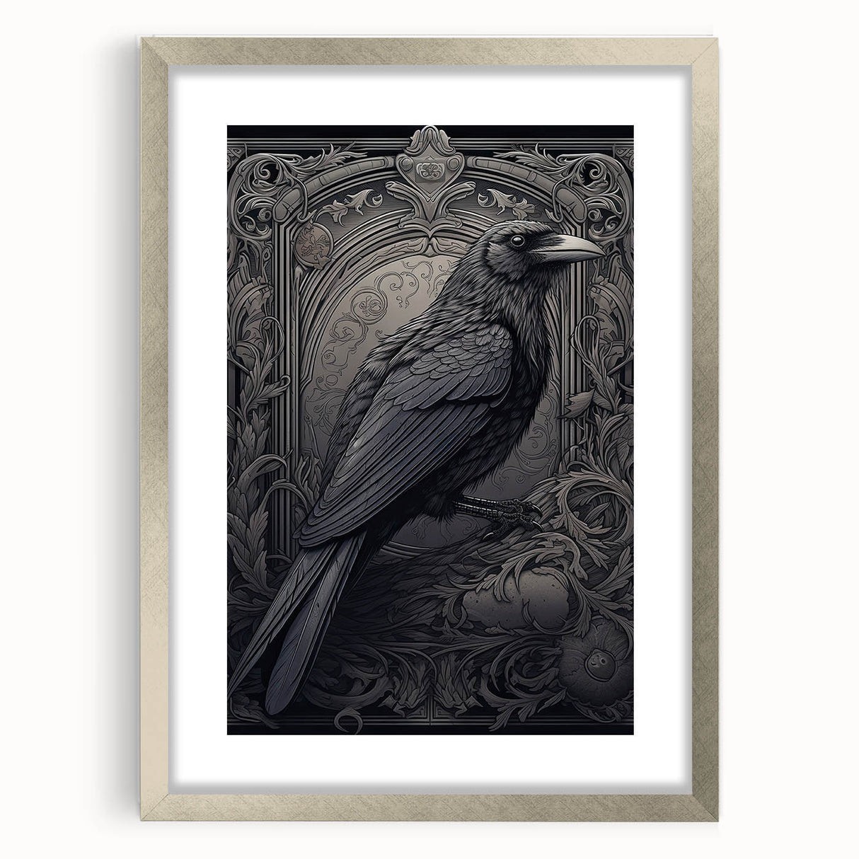 Framed wall art featuring a detailed design of a crow and raven, showcasing intricate black and silver colors with a modern mat. Ideal for bird lovers and contemporary decor.
