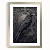 Framed wall art featuring a detailed design of a crow and raven, showcasing intricate black and silver colors with a modern mat. Ideal for bird lovers and contemporary decor.