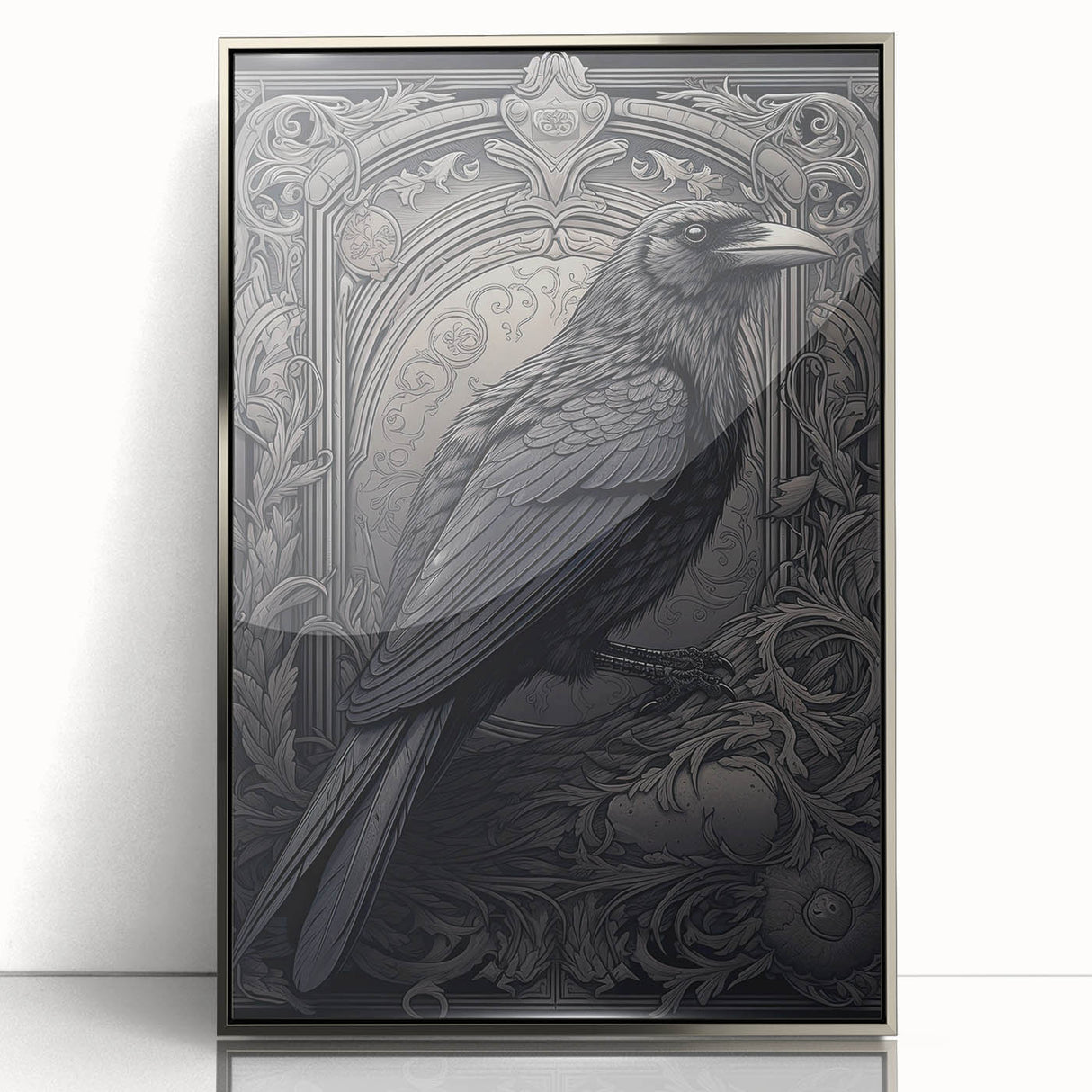 Framed wall art featuring a detailed design of a crow and raven, displayed in a sleek silver frame with an acrylic front, ideal for modern home decor.