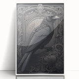 Framed wall art featuring a striking design of a crow and raven, showcased in an elegant white frame, perfect for modern home decor and bird enthusiasts.