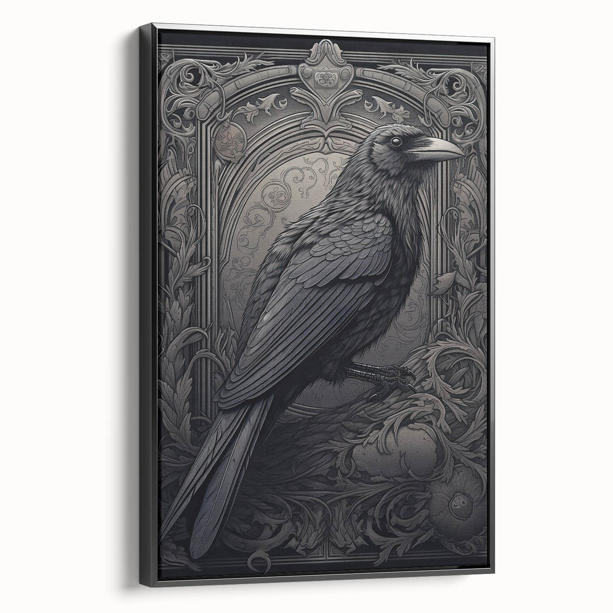 Framed canvas wall art featuring a striking design of crows and ravens in black, showcased from a side view, perfect for enhancing modern home decor.