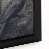 Close-up of a framed canvas artwork showcasing a detailed design of a crow and raven, featuring intricate black and white illustrations set against a minimalist background, perfect for modern home decor.