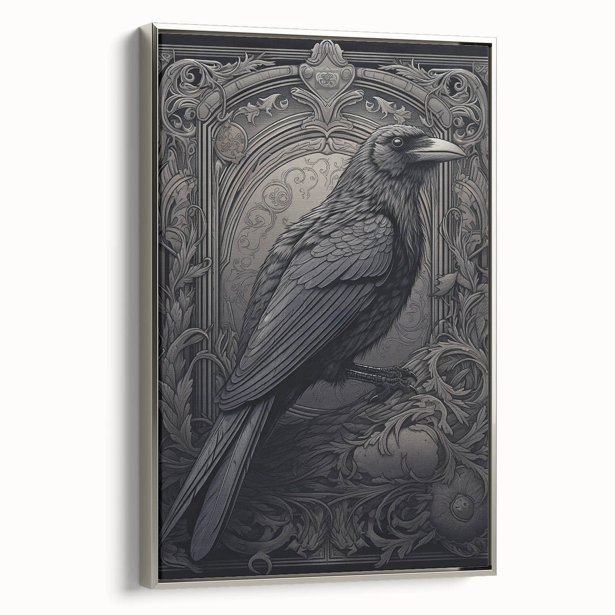 Framed canvas wall art featuring a striking design of crows and ravens, showcasing intricate details in silver tones. Ideal for enhancing modern home decor.