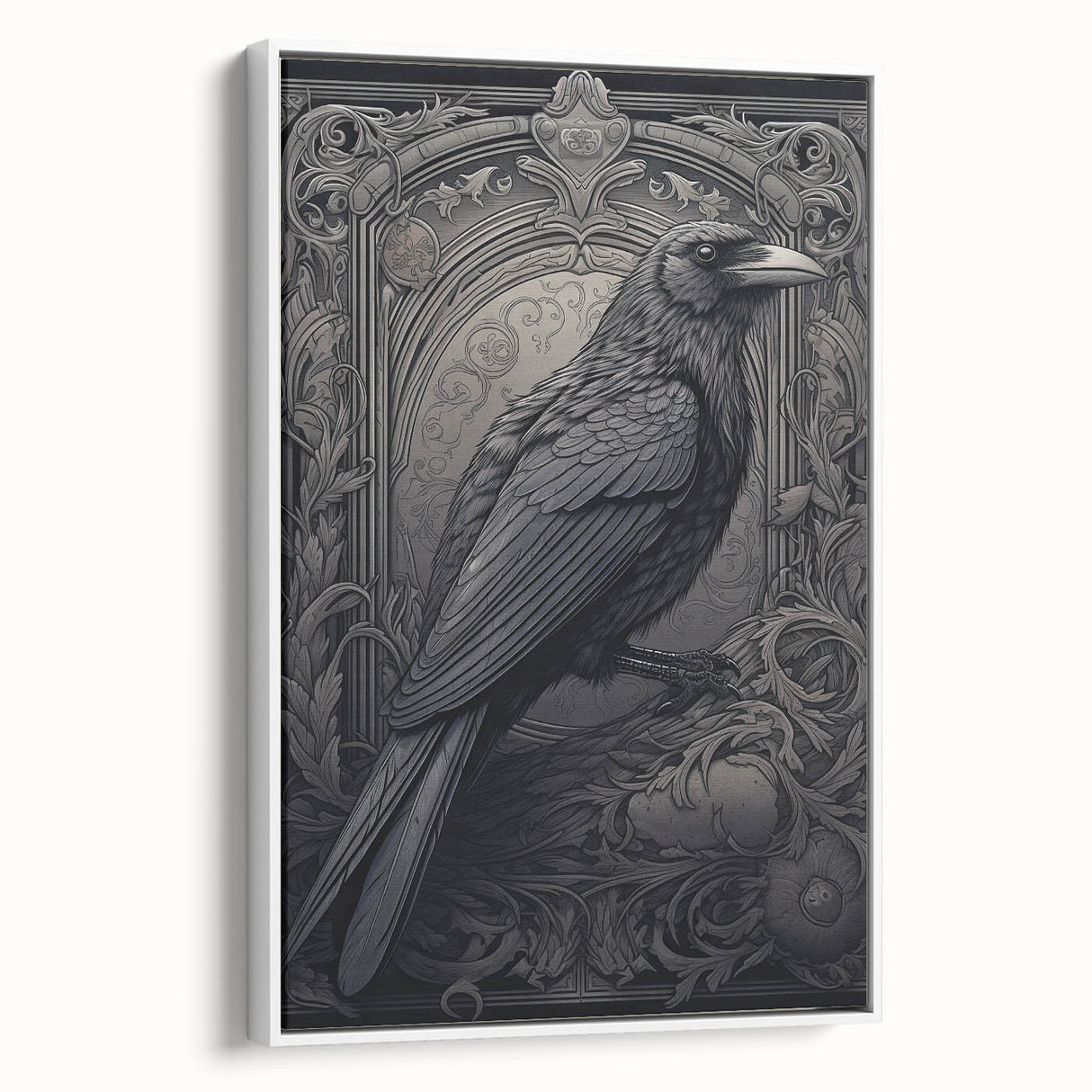 Framed wall art featuring a minimalist design of a crow and raven in black and white, displayed from a side view, perfect for modern home decor.