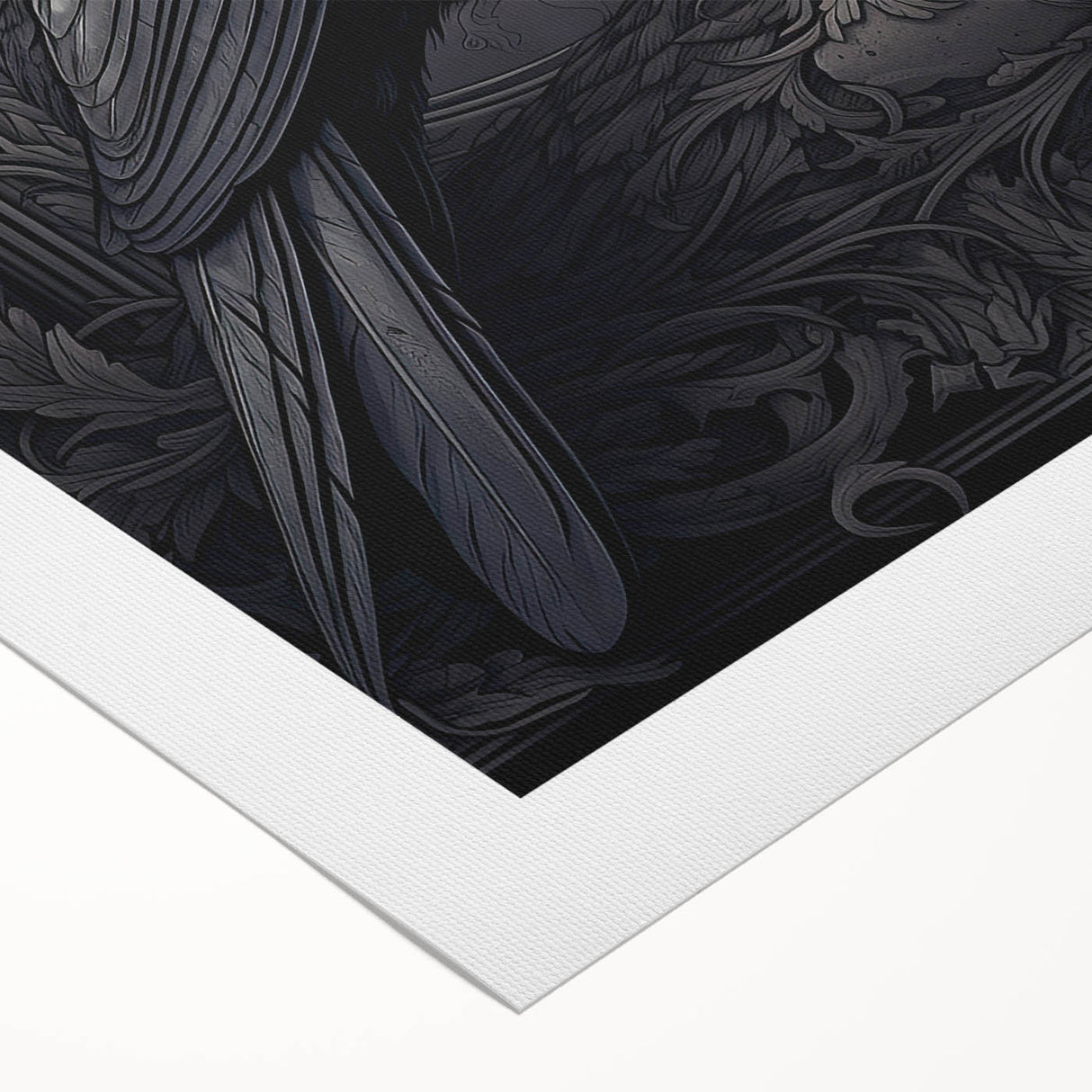 Rolled canvas artwork showcasing a striking design of a crow and raven, featuring intricate details and bold colors, ideal for enhancing modern decor.