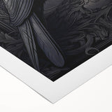 Rolled canvas artwork showcasing a striking design of a crow and raven, featuring intricate details and bold colors, ideal for enhancing modern decor.