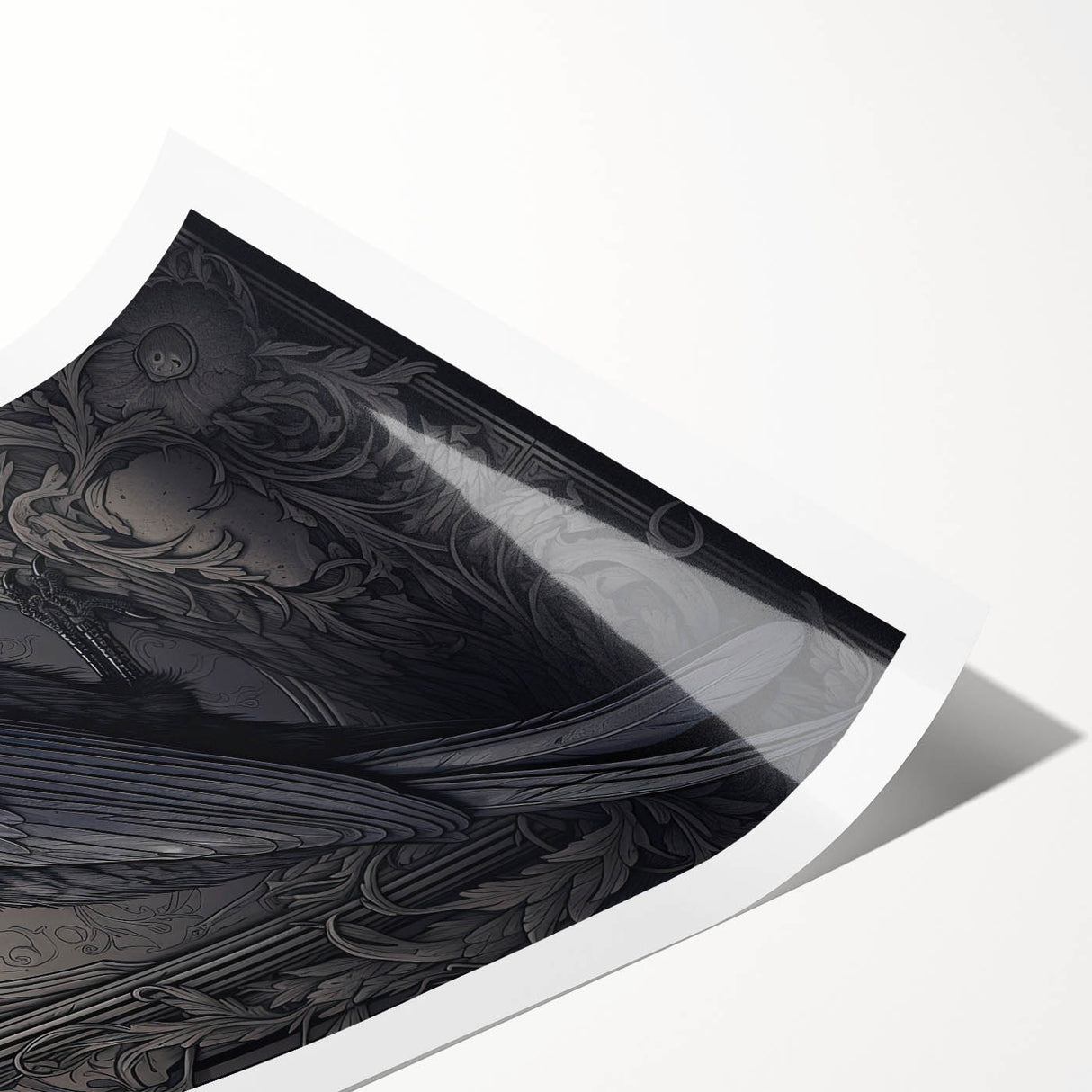 Rolled print showcasing a crow and raven design, featuring intricate details in black and white, ideal for modern home decor, packaged securely in a cardboard tube.